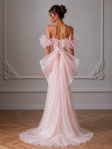 Pink Sequins Strapless Pearls Mermaid Prom Dresses