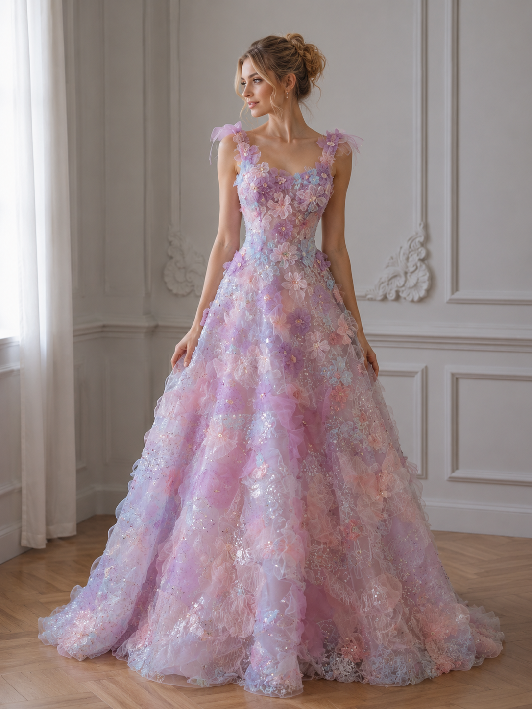 Robes de bal longues de princesse en ligne A avec fleurs en tulle rose