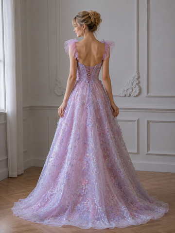 Pink Tulle Flower Princess A Line Long Prom Dresses