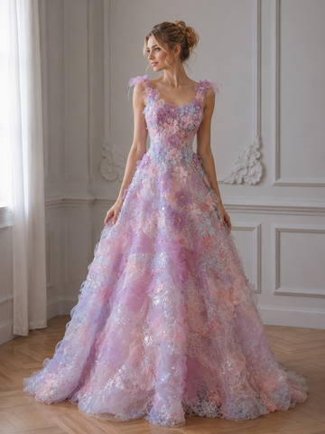 Pink Tulle Flower Princess A Line Long Prom Dresses