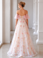 Pink Tulle Sequins 3D Flower A Line Prom Dresses