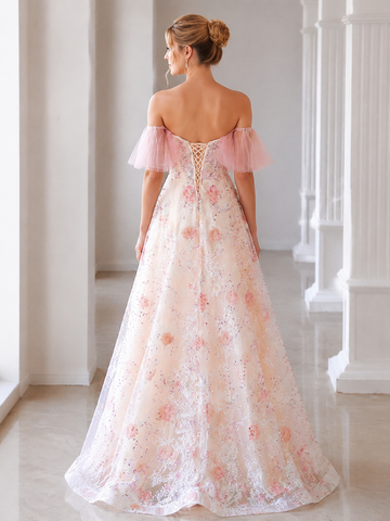 Pink Tulle Sequins 3D Flower A Line Prom Dresses