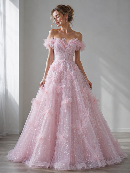 Robes de bal roses en tulle et sequins, coupe trapèze, épaules dénudées, à fleurs