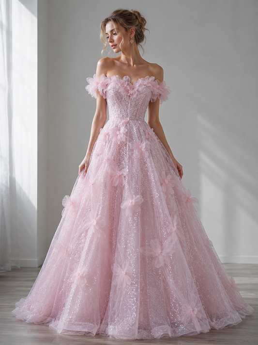 Robes de bal roses en tulle et sequins, coupe trapèze, épaules dénudées, à fleurs