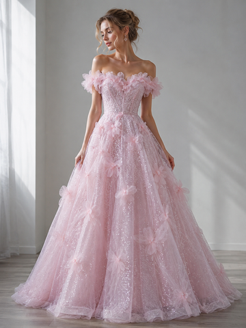 Pink A Line Tulle Sequins Off the Shoulder Flower Prom Dresses