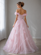 Pink A Line Tulle Sequins Off the Shoulder Flower Prom Dresses