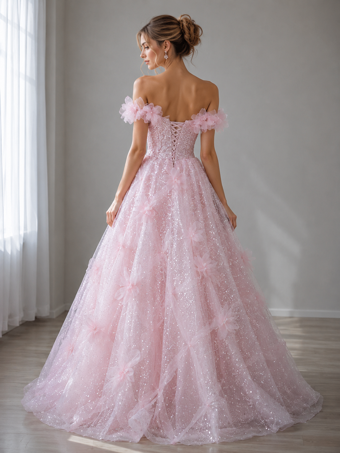 Robes de bal roses en tulle et sequins, coupe trapèze, épaules dénudées, à fleurs