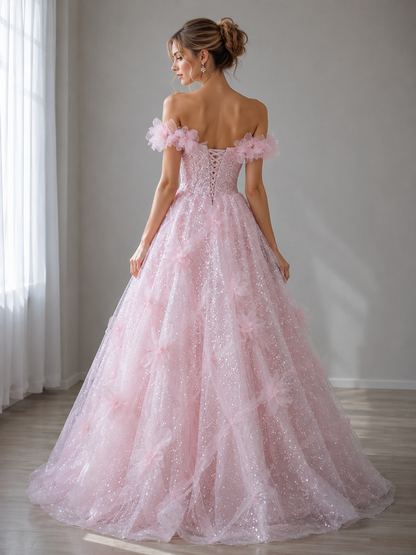 Robes de bal roses en tulle et sequins, coupe trapèze, épaules dénudées, à fleurs