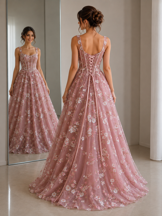 Robes de bal longues rose en tulle avec bretelles en dentelle, coupe trapèze