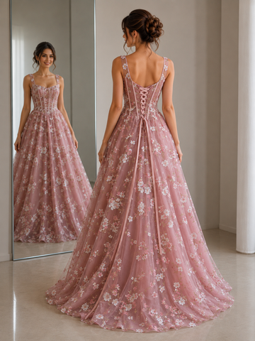 Pink Long Tulle Lace Straps A Line Prom Dresses