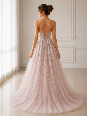 Pink Tulle Spaghetti Straps Appliques Cross Straps Back Prom Dress