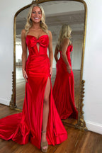 Red Mermaid Strapless Long Satin Prom Dresses