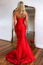Red Mermaid Strapless Long Satin Prom Dresses