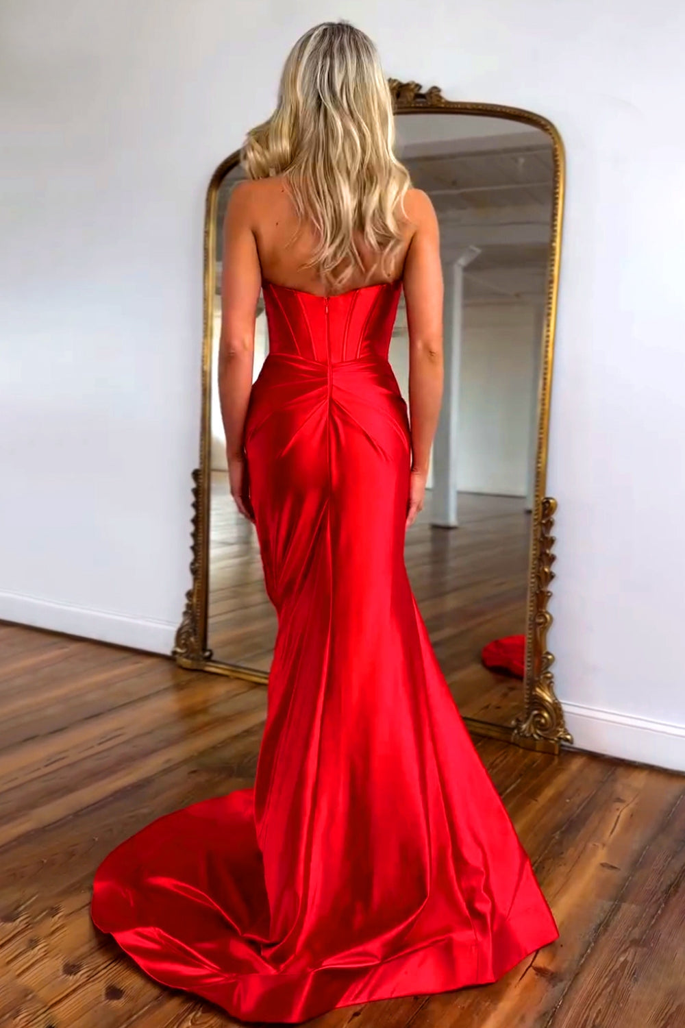 Red Mermaid Strapless Long Satin Prom Dresses