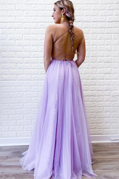 Purple  A-line Tulle Lace Backless Prom Dresses With Slit, Evening Dresses,BD930798