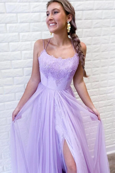 Purple  A-line Tulle Lace Backless Prom Dresses With Slit, Evening Dresses,BD930798