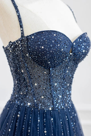 Blue Spaghetti Straps Tulle Beading A Line Prom Dresses