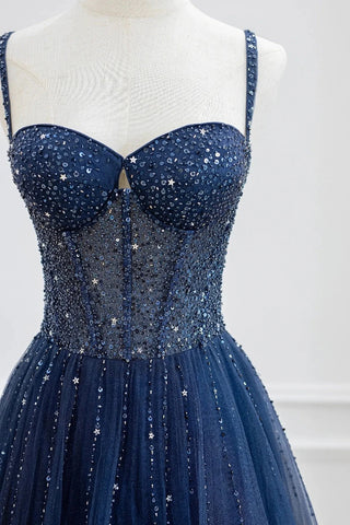Blue Spaghetti Straps Tulle Beading A Line Prom Dresses