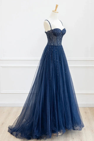 Blue Spaghetti Straps Tulle Beading A Line Prom Dresses