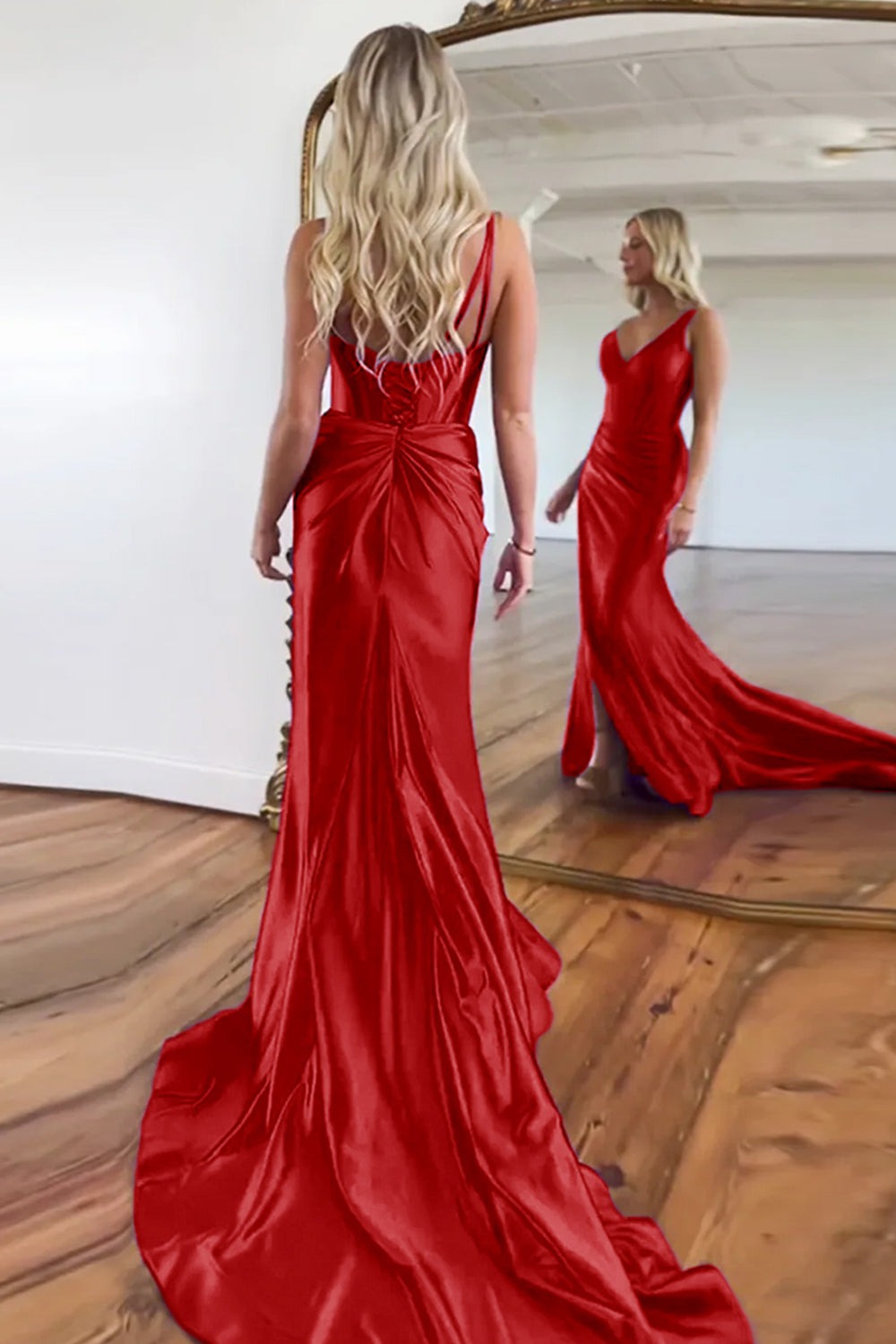 Robes de bal longues en satin violet sirène, col en V, dos zippé