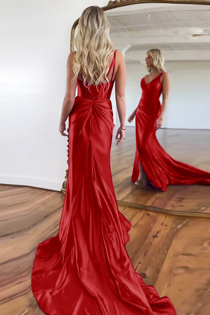 Robes de bal longues en satin violet sirène, col en V, dos zippé