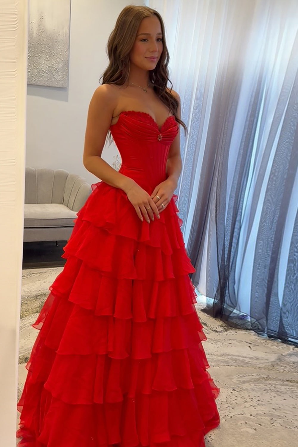 Lace Red Prom Dresses Ruffled Sweetheart A Line Chiffon Formal Dress