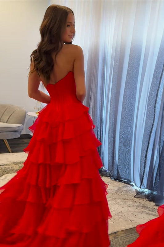 Robes de bal rouges en dentelle, robes de soirée formelles en mousseline de soie à volants avec bustier en cœur et coupe trapèze