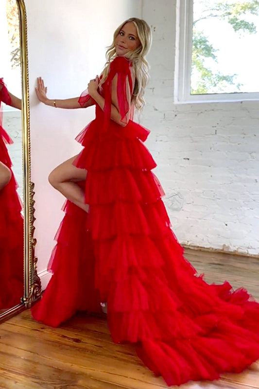 Robes de bal longues en tulle rouge col en V coupe trapèze
