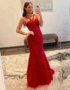 Red Spaghetti Straps Long Mermaid  Prom Dresses