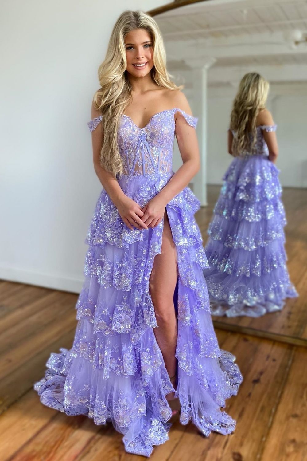 A-Line Off The Shoulder Long Tiered Lace Prom Dresses