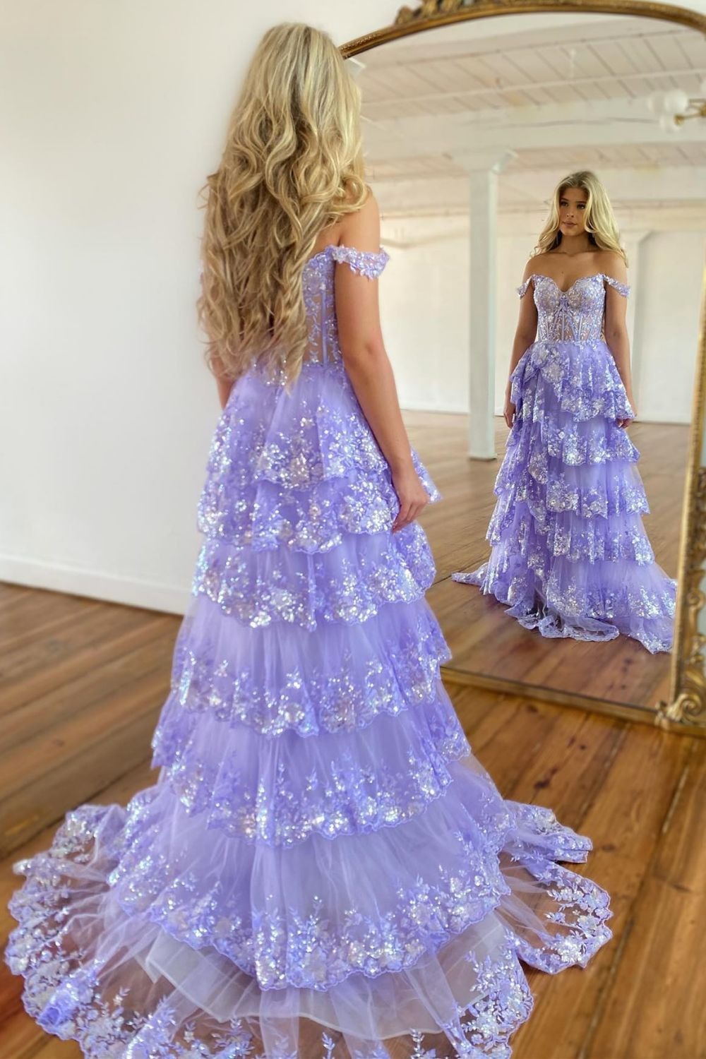 A-Line Off The Shoulder Long Tiered Lace Prom Dresses