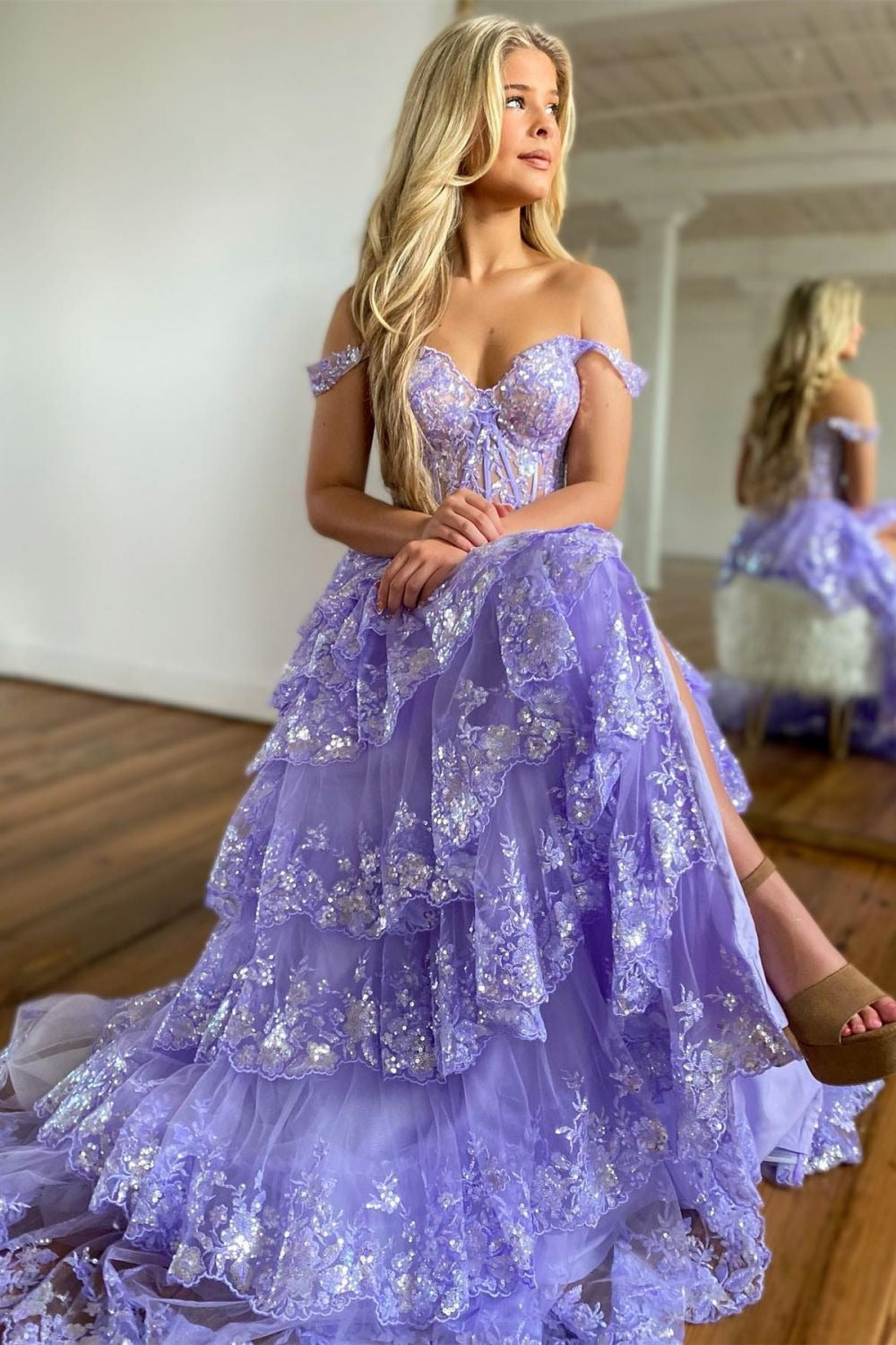 A-Line Off The Shoulder Long Tiered Lace Prom Dresses