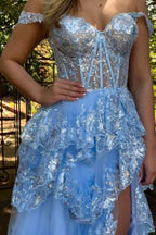 A-Line Off The Shoulder Long Tiered Lace Prom Dresses
