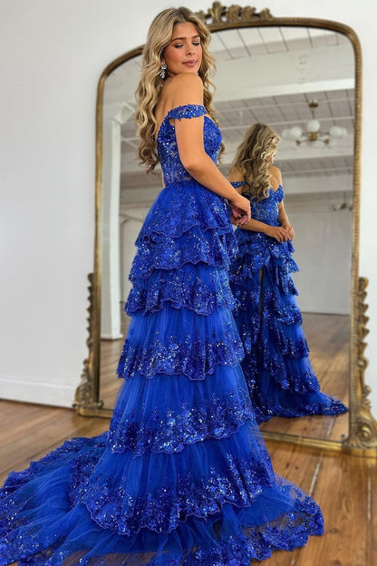 Robes de bal longues en dentelle à plusieurs niveaux, coupe trapèze et épaules dénudées