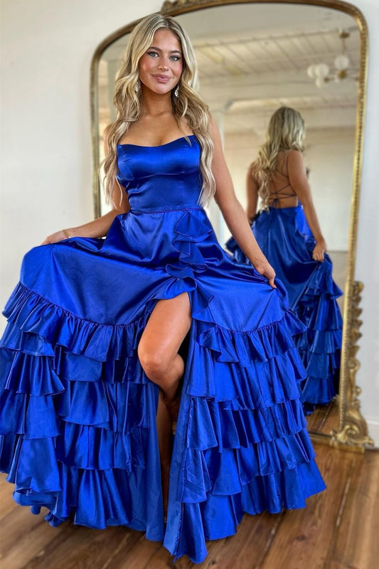 Robes de bal longues en satin bleu roi coupe trapèze à lacets et fines bretelles