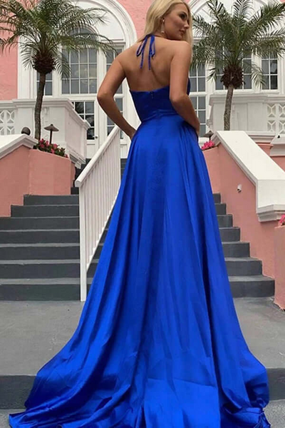 Royal Blue V-Neck A-line Spaghetti Straps Long Prom Dresses,BD930815