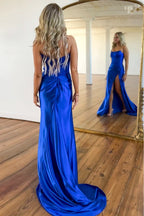 Royal Blue Mermaid Strapless Beaded Top Long Satin Prom Dresses