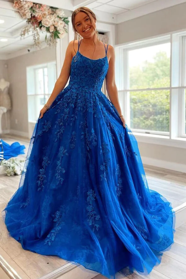 Royal Blue Princess Tulle Prom Dresses With Lace Appliques, Formal Dress