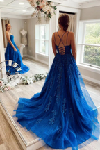 Royal Blue Princess Tulle Prom Dresses With Lace Appliques, Formal Dress