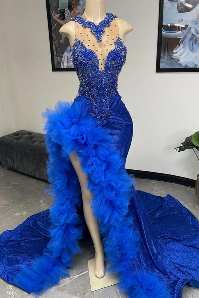 Royal Blue Ruffles High Split Court Train Sleeveless Hugh Neck Prom Dresses