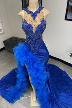 Royal Blue Ruffles High Split Court Train Sleeveless Hugh Neck Prom Dresses
