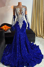 Mermaid Royal blue sequin Sleeveless Gloves Silver Beaded Prom Dresses