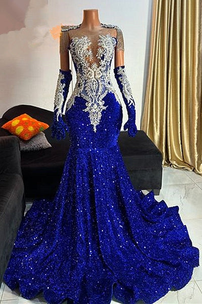 Mermaid Royal blue sequin Sleeveless Gloves Silver Beaded Prom Dresses