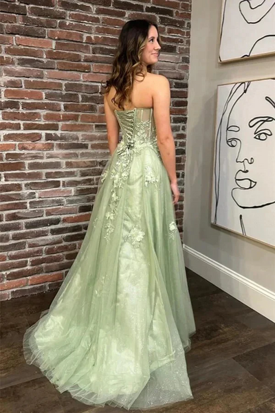 Sage Green Sweetheart Floral Lace Tulle Long Prom Dresses,BD93349