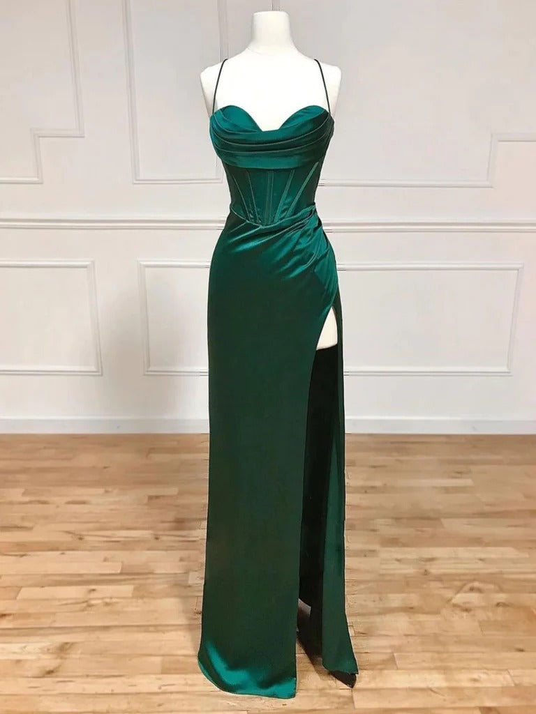 modest dark green bridesmaid dresses Modest Dark Green Bridesmaid Dresses Halter Trumpet/Mermaid Stretch Satin Bridesmaid Dresses With Split