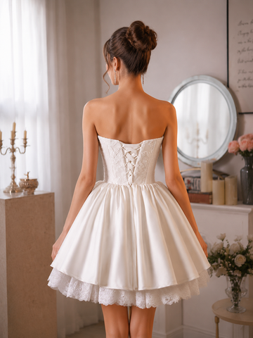 Satin Lace A Line Short ivory Strapless Homecoming Dresses