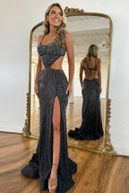 Sexy Black Mermaid Spaghetti Straps Long Beaded Prom Dresses