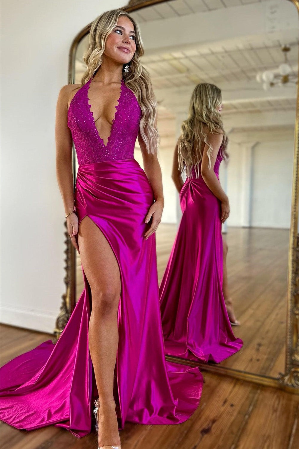 Fuchsia Satin V-Neck Zipper Back Mermaid Long Prom Dress