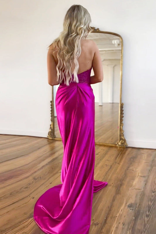Robe de bal longue sirène en satin fuchsia avec col en V et fermeture éclair au dos