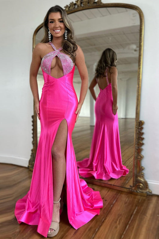 Robes de bal longues sirène sexy en satin fuchsia avec licou